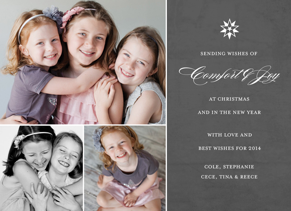 Comfort & Joy holiday greetings and three of your favorite photos are printed on thick stationery-grade cover stock, exclusively at Muddy Paws Graphics.